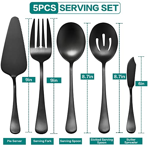 Lianyu 5-Piece Matte Black Serving Utensils Set, Stainless Steel Serving Set Include Serving Spoon Fork, Flatware Serving Pieces For Buffet Catering, Satin Finish, Dishwasher Safe #TOP6
