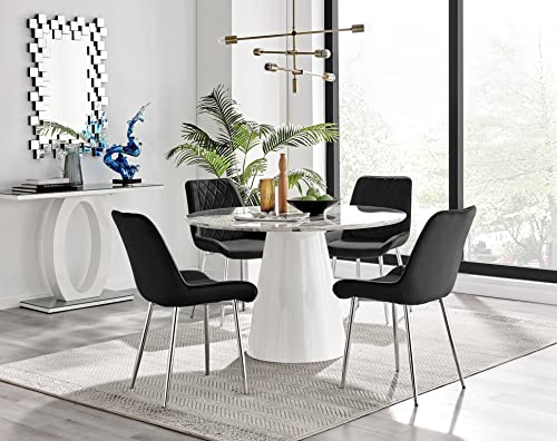 Furniturebox UK Palma White Marble Effect Round Dining Table & 4 Black Pesaro Silver Leg Chairs