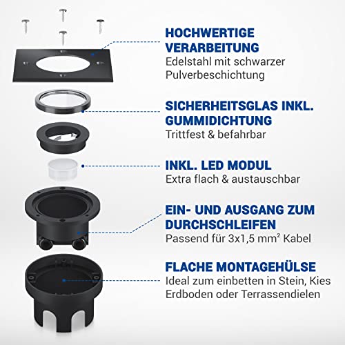 lambado® LED Bodenstrahler für Außen - extra flach, befahrbar & wasserdicht inkl. 5W Strahler warmweiss dimmbar - Schwarz eckige Bodenleuchte/Bodeneinbaustrahler IP67 für Terrasse & Garten