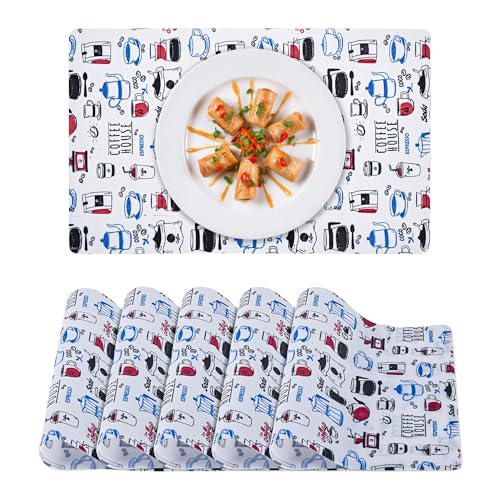 Image of Kuber Industries PVC Anti Slip Table Mats Set of 6 | Waterproof Dining Table Mat for Party, Wedding and Family Functions | Coffee House Print - White & Blue