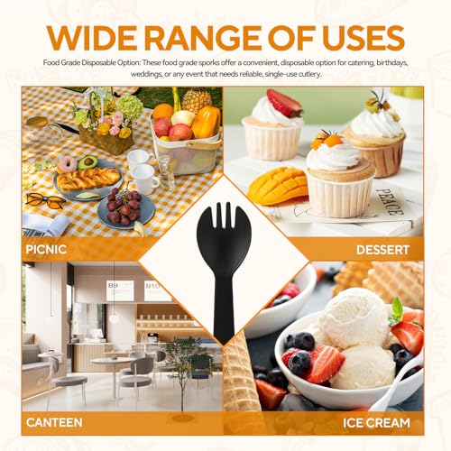 Image of 100Pcs Mini Plastic Spork, 4.2 Inch Individually Wrapped Disposable Cutlery, Small Black Fork Spoon Combo for Desserts, Ice Cream, Cakes, Appetizer, To-Go & Party Use