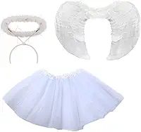 Kit Fantasia Anjo Branco Completo Festa Cosplay Carnaval Halloween Tiara Auréola/Asa/Saia