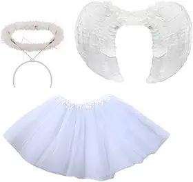 Kit Fantasia Anjo Branco Completo Festa Cosplay Carnaval Halloween Tiara Auréola/Asa/Saia