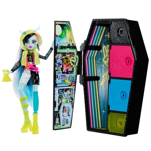 Monster High Skulltimate Secrets Neon Frights Frankie Stein boneca com armário e 15 acessórios surpresa, brilho no escuro, brinquedo + 4 anos (Mattel HNF79)