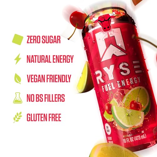 Image of RYSE Fuel Energy Drink - Chicago Bulls Cherry Limeade - Sugar Free - 200mg Natural Caffeine, New Formula to Supports Cognitive Health & Improves Focus - No Artificial Colors - 16 fl oz Cans (12-Pack)