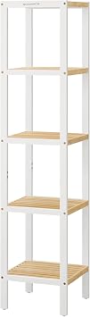 SONGMICS Scaffale A 5 Ripiani In Bambù – 33x33x146 Cm – Stretto E Autoportante – Per Bagno, Cucina, Soggiorno E Corridoio – Bianco E Beige Naturale