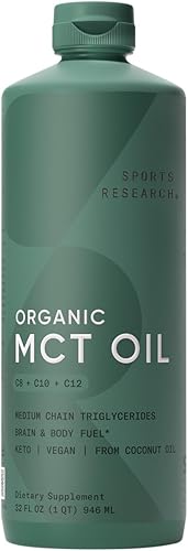 Sports Research Organic MCT Oil - Keto & Vegan MCTs C8, C10, C12 from Coconuts - Fatty Acid Brain & Body Fuel, Non-GMO & Gluten Free - Flavorless
