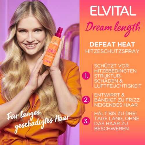 L'Oréal Paris Elvital Hitzeschutzspray für langes, glattes Haar, Leave-In Haarkur gegen Frizz, Ohne Ausspülen, Mit Vitaminen und Rizinusöl, Dream Length Defeat The Heat, 1 x 150 ml