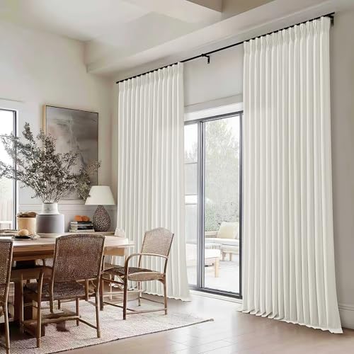 Image of Natural Beige Semi Sheer Pinch Pleated Linen 70 Inch Extra Wide Curtains | Cream Ivory, 108 inch Extra Long Floor To Ceiling, Light Filtering Privacy, Living Room, Burlap Textured, Memory Shape