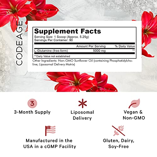Codeage L-Glutamine Powder 5000Mg Glutamine Supplement, Free-Form Amino Acid, Liposomal Delivery For Absorption, 3-Month Supply, Vegan & Non-Gmo, Gut Health, Performance, And Muscles Support, 16.67 Oz #TOP1