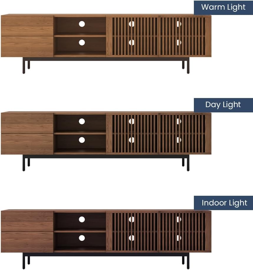 POVISON Modern Media Console with Storage, 79'' Solid Wood TV Stand for 70 75+ Inch TV, Farmhouse Slatted Door Entertainment Center, Full Assembled Tall Cabinet with Metal Legs, Solid Ash Veneer