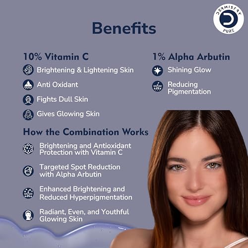 Image of Dermistry Pure 10% Vitamin C Face Serum with 1% Alpha Arbutin for Skin Lightening Brightening Glowing & Even Skin Tone Pigmentation Dark Spots Tan Removal for Men & Women Day Night Use 30ml