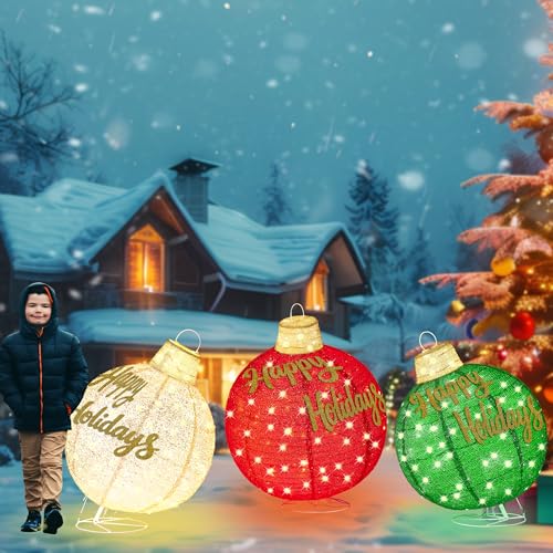 3Pcs 3FT Lighted Christmas Ornament Set Expandable Outdoor, Indoor Holiday