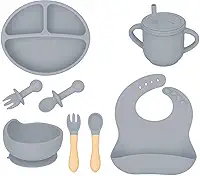 Kit Introdução Alimentar Bebê 8 Peças Silicone – Livre de BPA, Atóxico, Antibacteriano – Colher, Garfo, Copinho, Pote e Pratinho – Seguro, Colorido e Flexível (Cinza)