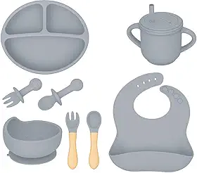 Kit Introdução Alimentar Bebê 8 Peças Silicone – Livre de BPA, Atóxico, Antibacteriano – Colher, Garfo, Copinho, Pote e Pratinho – Seguro, Colorido e Flexível (Cinza)