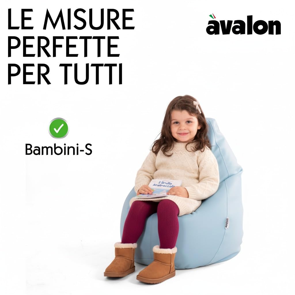 Avalon - Pouf Bambini Jazz in Ecopelle Deluxe Super Resistente, Pouf Sacco di Qualità Sartoriale, Bean Bag per Sedersi Ergonomico, Pouf a Sacco Impermeabile, Made in Italy(56x76cm-Beige)