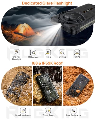 Ulefone RugKing Outdoor Smartphone Android 15 AI Rugged Handy, 9600mAh 16GB + 256GB/SD-2TB, Octa-Core 50MP + 8MP 5,99 Zoll mit 126dB Lautsprecher, Taschenlampe/3 Kartenfächer/IP68/IP69K/OTG/NFC/GPS