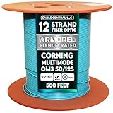 Cable Central LLC Armored Plenum 12 Strand Indoor Fiber Optic Distribution Cable, 10Gbit, OM3 50/125 Multimode, Corning Optical Fiber, Aqua, Spool, 500 Feet