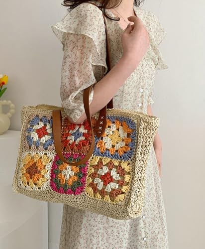 Rungion Straw Bags for Women Large Beach Tote Bag Floral Crochet Woven Shoulder Purse Summer Vacation Top Handle Handbags4
