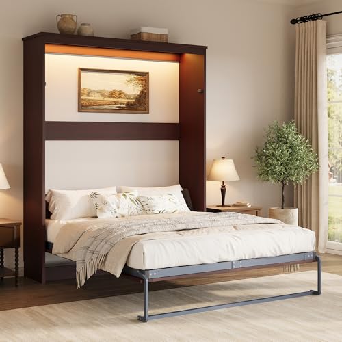 AMERLIFE Full Size Murphy Bed with LED Light, Farmhouse Foldable