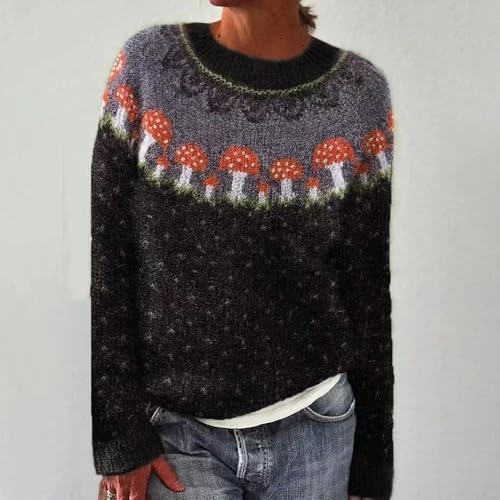 2024 Womens Christmas Sweater Vintage Fair Isle Print Sweater Long Sleeve Oversized Fair Isle Crewneck Knit Sweaters2