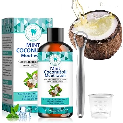 500ml Coconutoil Mouthwash,New Mint Coconutoil Mouthwash, Natural Teeth Whitener,Mint Coconutoil Mouthwash with Tongue Scraper, Oral Care, Fresh Breath, Gum Health Cover
