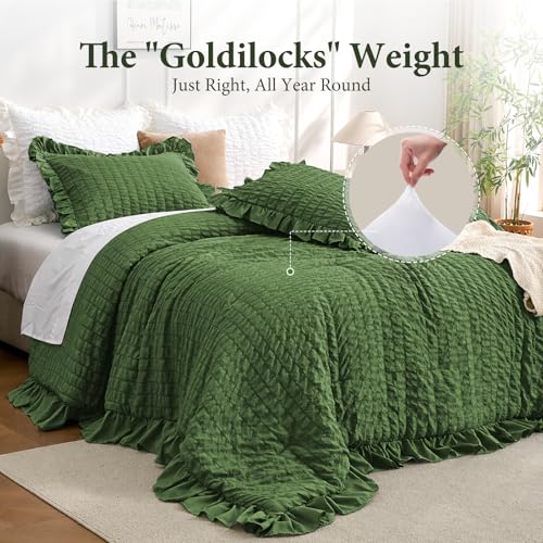 Image of JOLLYVOGUE Dark Green Queen Comforter Set, 3 Pieces Seersucker Comforters Queen Size, Lightweight & Fluffy Bedding Sets Queen for All Season with 1 Ruffle Comforter and 2 Ruffle Pillowshams