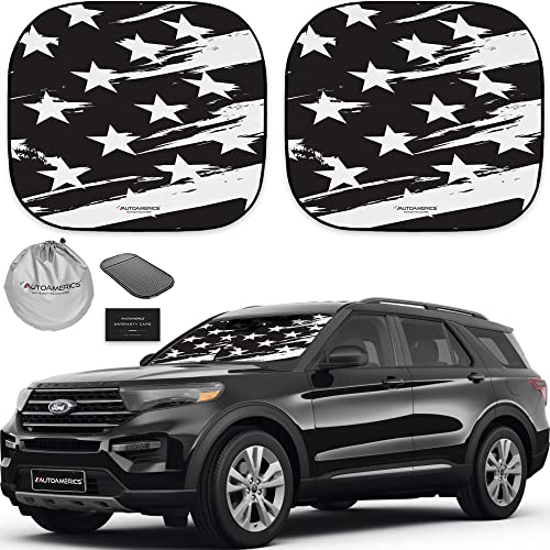 Autoamerics 2-Piece Windshield Sun Shade - B&W USA Flag Foldable Car Front Window Sunshade for Most Cars SUV Truck Heat Blocker Visor Protector Blocks Max UV Rays and Keeps Your Vehicle Cool - Medium