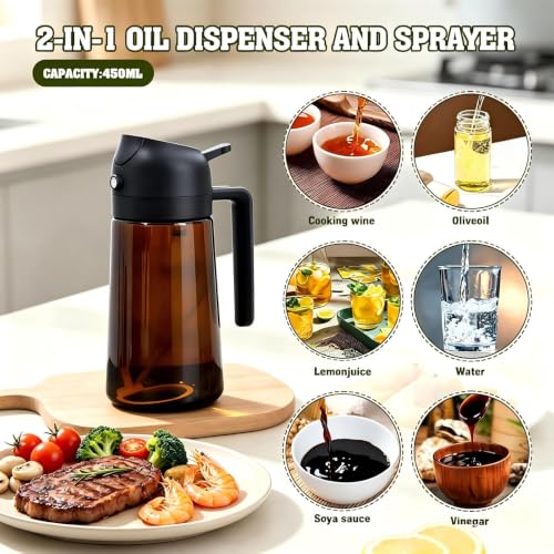Image of 2 in 1 Oil Sprayer, Oil Sprayer for Kitchen Cooking, 470ml Oil Spray Bottle for Home (Brown+Black)