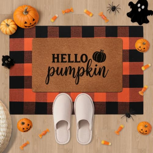 2 Pack Fall Halloween Door Mat Set, Pumpkin Coir & Plaid for Thanksgiving - image 3