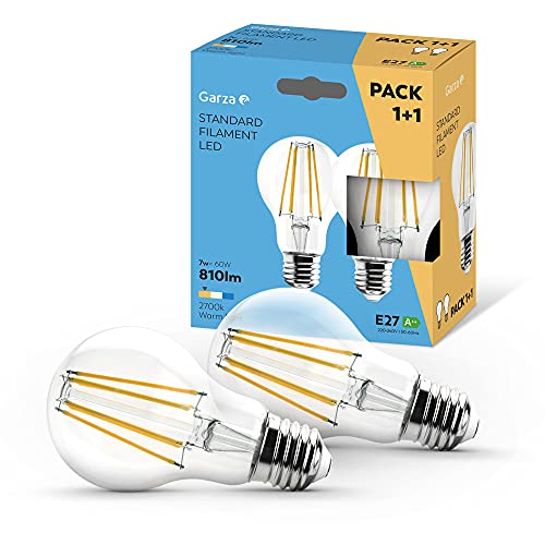 Garza - Pack de 2 Bombillas de Filamento LED Estándar A60, 7W (equivalente a 60W de incandescencia), Luz cálida 2700K, Casquillo grueso E27, 810 lm