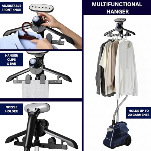 Image of SALAV Heavy Duty Smart Auto Shut-off Commercial Full-Size Garment Steamer, Beeping Alert when Water Runs out, Foot Pedal Control, XL 3L (101.5 oz) Tank, 1800 watts, 90+min of Continuous Steam, Navy