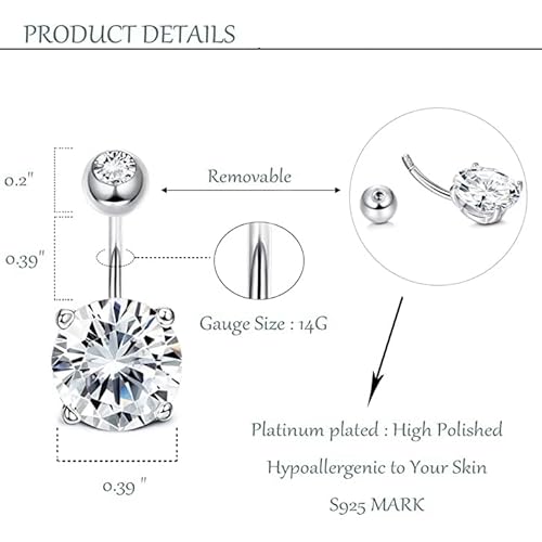 Sllaiss Sterling Silver 14G Belly Button Rings For Women Curved Barbell Belly Rings Body Navel Piercing Jewelry (Cz) #TOP2