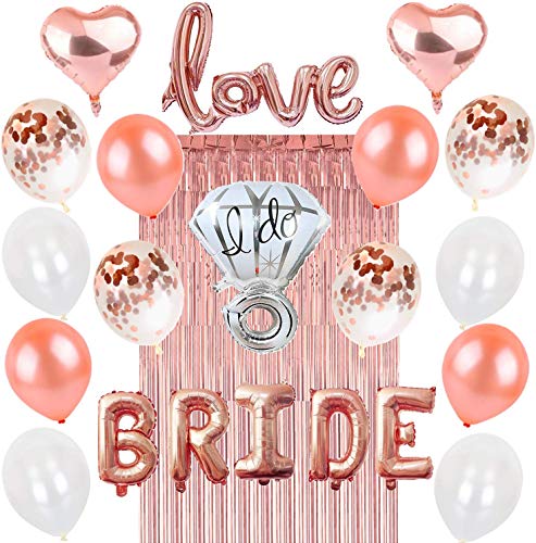 Rose Gold Bachelorette Party Decorations: Bridal Shower Hen Night Kit BRIDE Foil Balloon, 1 Love Silver Diamond Ring, 2 Heart, 12 Latex White Confetti, Metallic Tinsel Fringe Curtain, Wedding Supplies
