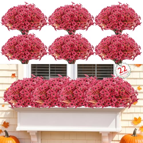 Image of Powbrace 22 Pack Artificial Fall Flowers Mums for Outdoor Indoor(Dark Red)