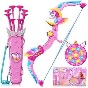 Unicorn Toys for Girls Ages 3-12, 6 Magic Lights BowArrow(Unicorn Horn, Wings, Star, Upper & Lower Arms), Dreamy Quiver & Princess Target, 8 Pink Suction Arrow, Gift for 3 4 5 6 7 8 9 10 Year Old Girl