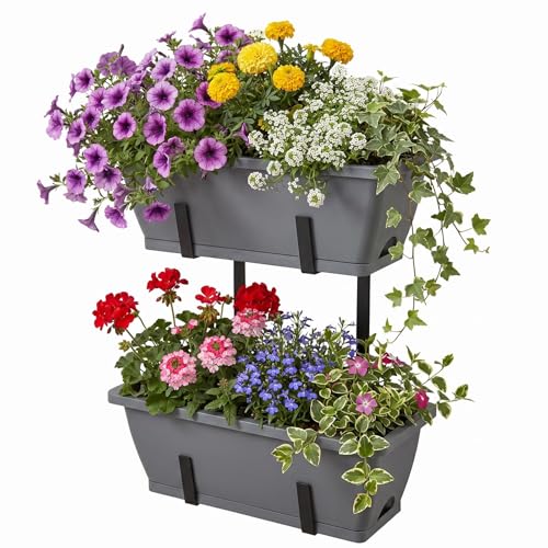 CADUKE 2 Tier Deck Railing Planter Boxes, Adjustable Hanging Railing Planter, Outdoor Railing Flower Boxes, Window Flower Boxes for Deck Railings, Gray