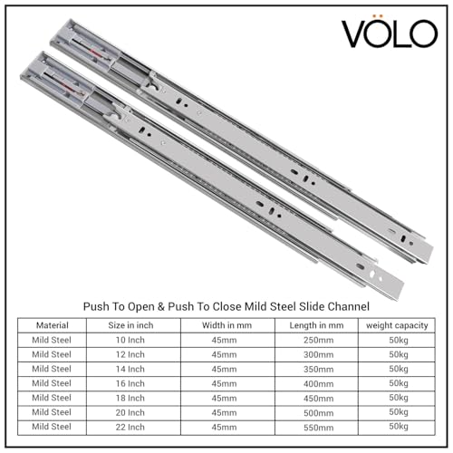 Image of Volo Heavy Duty Drawer Slides, Full Extension Ball Bearing Runners | Pack of 2 Piece | Channels for Kitchen Cabinets, Wardrobes, and Dressers (Push to Open, 16 Inch)