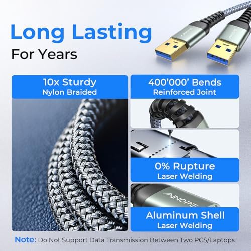 AINOPE USB to USB Cable, 6.6FT USB 3.0 A to A Male to Male Cable 5Gbps Double End Type A Cord for Data Transfer Compatible with Hard Drive, Laptop Cooling Pad, USB Hub, KVM, DVD