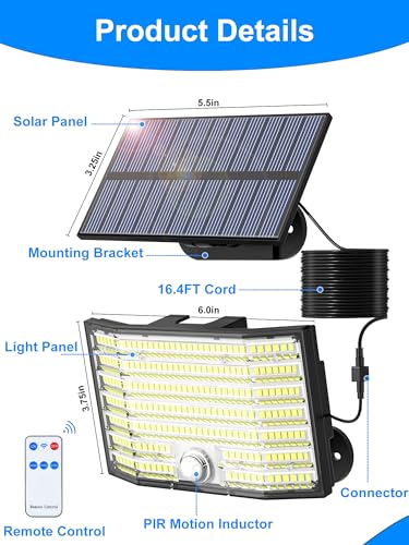 Image of Solar Lights Outdoor, 226LED Solar Security Lights Outdoor Motion Sensor, 3 Modes Split Solar Powered Flood Lights, IP65 Waterproof with Remote & 16.5Ft /5M Cable for Outside Garden Shed Yard 【2 Pack】