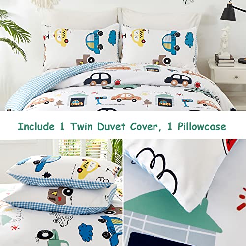Kids Duvet Cover Set Twin Size Cartoon Car Vehicles Pattern Bed Cover For Boys Girls Soft Microfiber All Season Duvet Cover Set 2 Pieces With Pillowcase (Twin, 68"X 86") #TOP5
