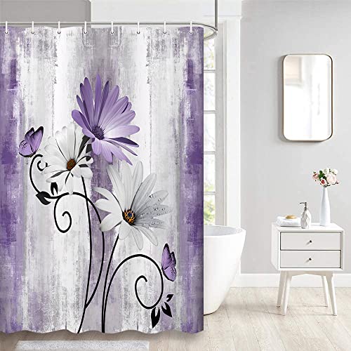 VeiVian Rustic Farmhouse Shower Curtain, Farm Teal Daisy Floral Flowers and Butterfly on Country Wooden Shower Curtain for Bathroom, Turquoise Blue Bathroom Shower Curtains with 6PCS Hooks, 36X70IN