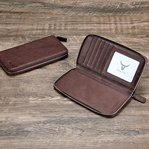 Image of HISCOW Leather Checkbook Cover, Zippered Wallet, Aniline Leather Coffee | Full grain cowhide, 5cc & ID window, personal check book & register pockets, removable duplicate divider, women secure zipper