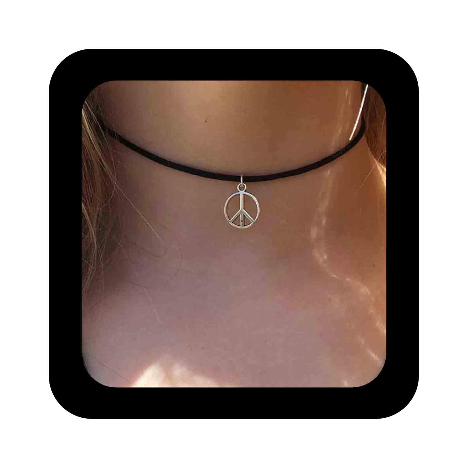 Collana Girocollo In Pelle Nera Con Ciondolo Simbolo Della Pace - Gioiello Vintage Hippie, Regolabile, Regalo Per Donne E Ragazze