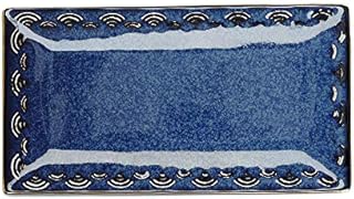 Mikasa Satori Japanese Serving Platter with Wave Pattern Border and Real Gold Rim, Porcelain, Indigo Blue/White, 15.5 x 28 cm