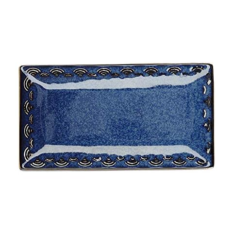 Mikasa Satori Japanese Serving Platter with Wave Pattern Border and Real Gold Rim, Porcelain, Indigo Blue/White, 15.5 x 28 cm Cover