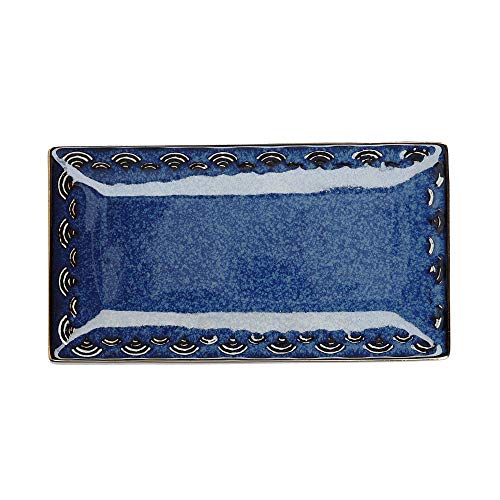 Mikasa Satori - Plato japonés para servir con borde de diseño ondulado y dorado real, porcelana, azul índigo, blanco, 15,5 x 28 cm Cover