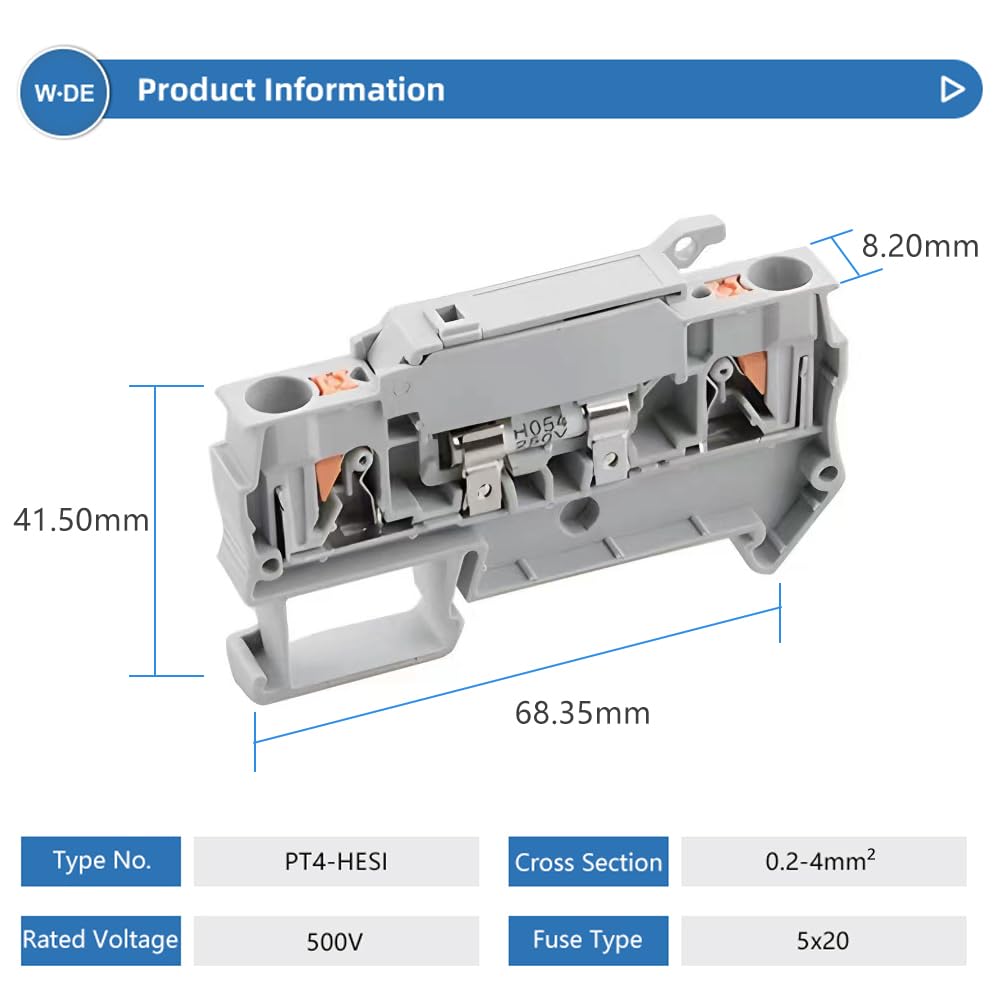 10 Piece Din Rail Terminal Blocks PT 4-HESI Gray Connector Push in Spring Fuse Terminal Block Connector Screwless Fuse Holder(5A)