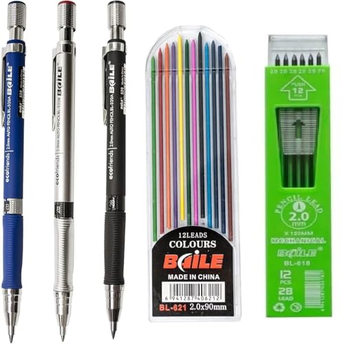 Image of worison 3pc Multicolored 2B Mechanical Pencil Set with 2.0mm Tip - Includes 12 Black and 12 Multicolor Leads in Portable Storage Case for Writing, Drawing, Coloring, and Creative Work