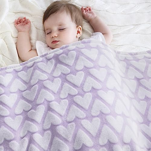 Image of Bertte Soft Baby Blanket Premium Cozy Super Warm Lightweight Plush Breathable Swaddle Receiving Blankets for Infant Toddler Newborn Nursery Throw Crib Stroller, 33"x43" Large Hearts Embossed Lavender